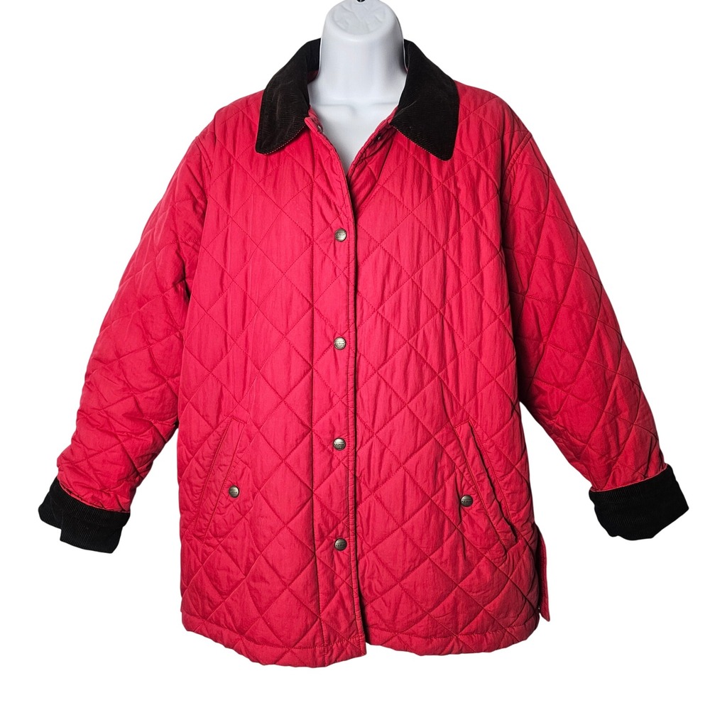 LL Bean Womens Vintage Quilted Barn Jacket M Red Corduroy Trim Thermore Heritage